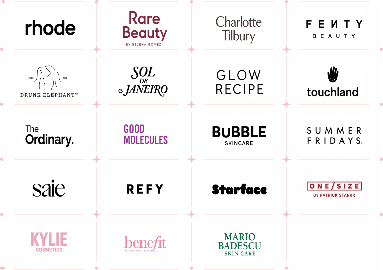 Marcas premium disponibles: Rhode, Rare Beauty, Charlotte Tilbury, Fenty Beauty, Drunk Elephant, Sol de Janeiro, Glow Recipe, Touchland, The Ordinary, Good Molecules, Bubble, Summer Fridays, Saie, Refy, Starface, One Size, Kylie Cosmetics, Benefit y Mario Badescu